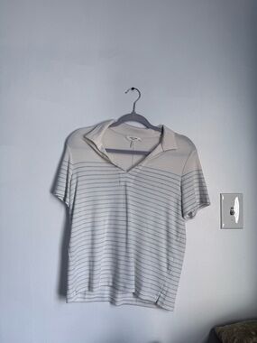 rag & bone Cream and Light Blue Striped Short Sleeve Polo Tee